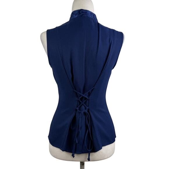 Vintage 90s Maurices Blue Textured Blouse 9/10 Mandarin Collar Corset Back Y2K - Picture 6 of 12